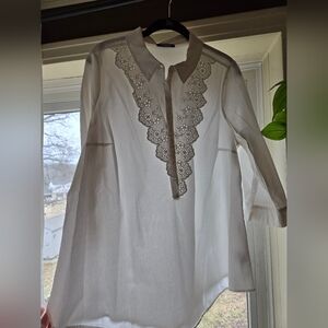 Modcloth Half Button-Down 3/4 Sleeves Embroidered Collar 1X - See Stain Photo